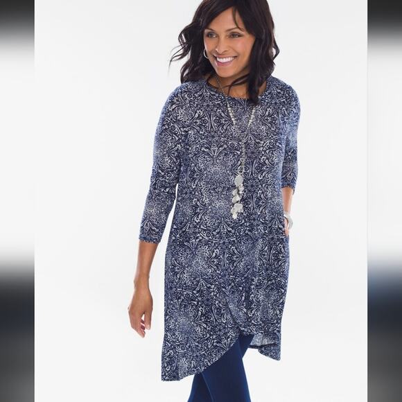 Chico's Denim Medallion Button-Back Tunic Size Large Casual Comfortable Stretch - Picture 1 of 8